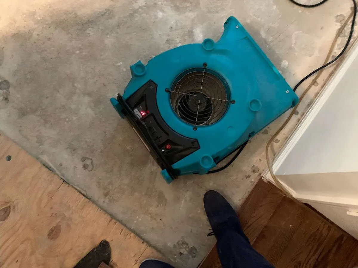Air mover drying subfloor during Leak Detection & Repair in La Vergne